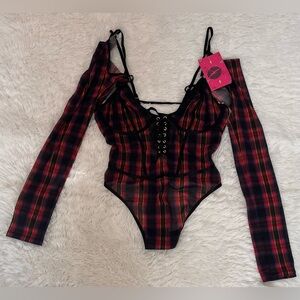 Parade x Betsey Johnson Red Plaid Sheer Sculpt Bodysuit